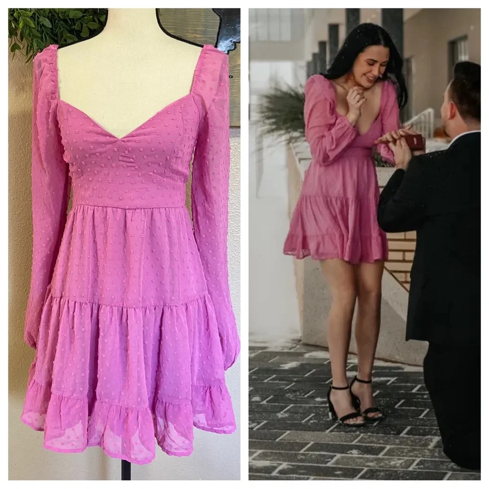 NWOT Lulus Longing And Love Pink Swiss Dot Puffed Long Sleeve Mini Dress